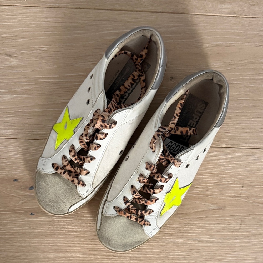 Golden Goose White and Neon Yellow Sneakers